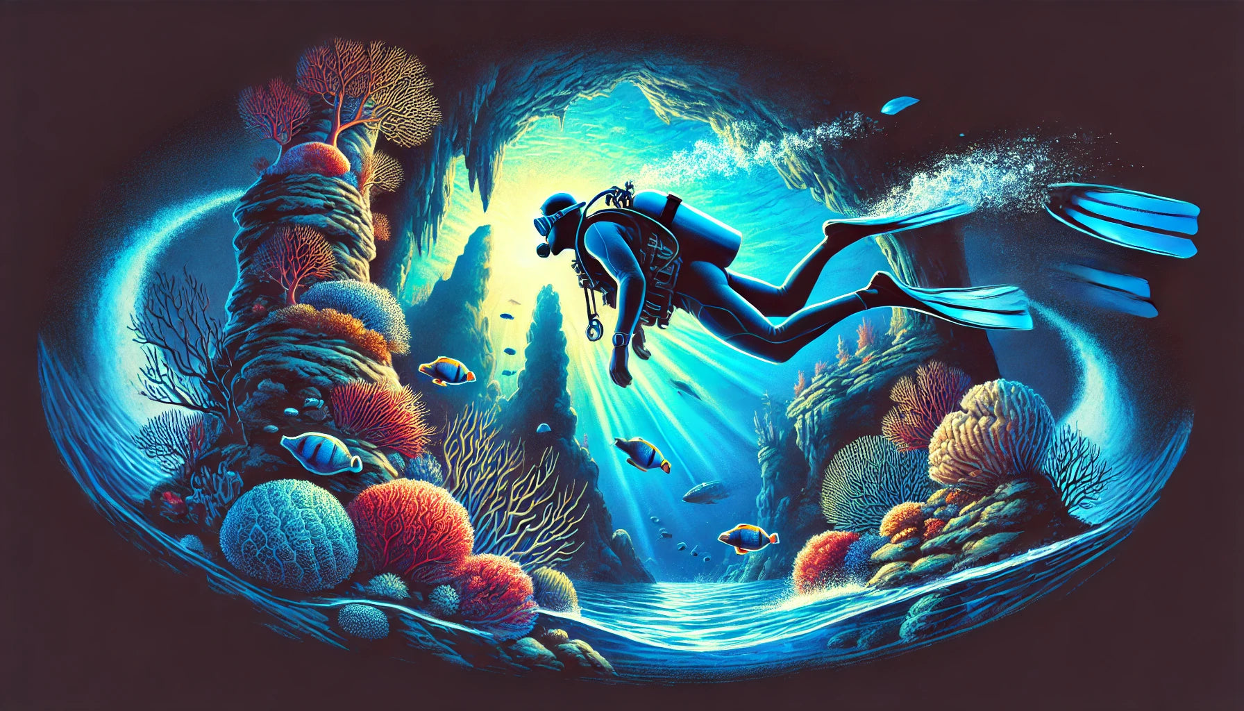 A vibrant and dynamic illustration of a freediver exploring an underwater cave, showcasing the thrill and serenity of freediving.