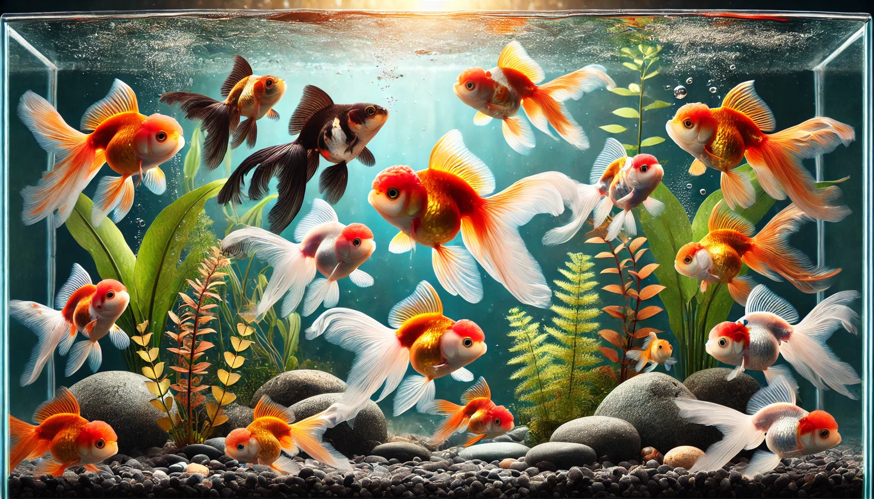 A group of goldfish swimming gracefully in a clear aquarium with aquatic plants and rocks. The image features goldfish of various colors including typical orange, red, white, black, and yellow.