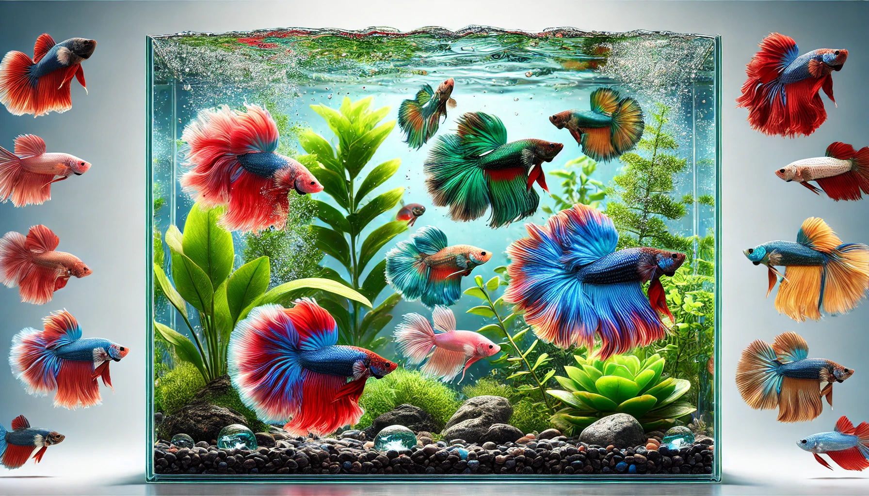 A group of betta fish swimming gracefully in a clear aquarium with aquatic plants and rocks. The image features betta fish with their brightly colored bodies and long, flowing fins, including red, blue, green, and multi-coloured varieties. 