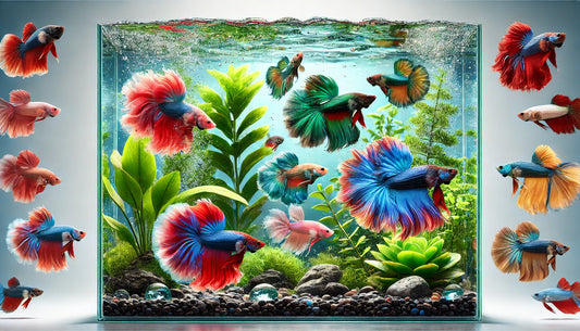 A group of betta fish swimming gracefully in a clear aquarium with aquatic plants and rocks. The image features betta fish with their brightly colored bodies and long, flowing fins, including red, blue, green, and multi-coloured varieties. 