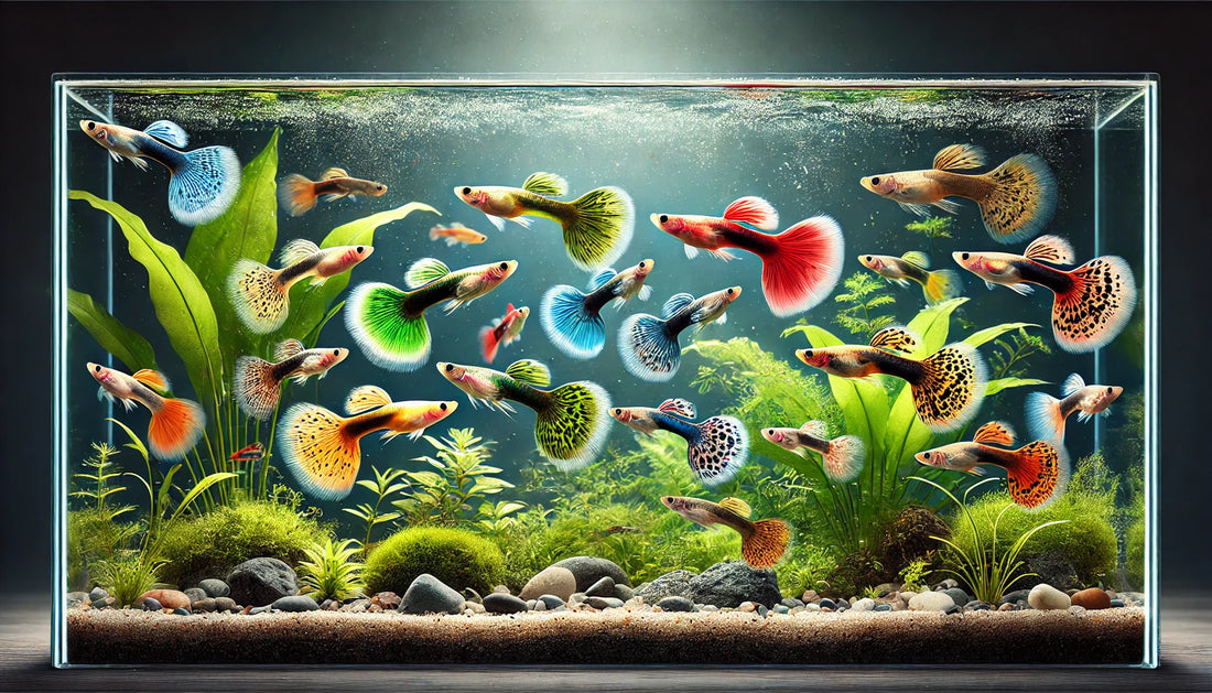 A group of guppy fish swimming gracefully in a clear aquarium with aquatic plants and rocks. The image features guppy fish with vibrant colors and a variety of patterns, including red, blue, green, yellow, and multi-coloured varieties.