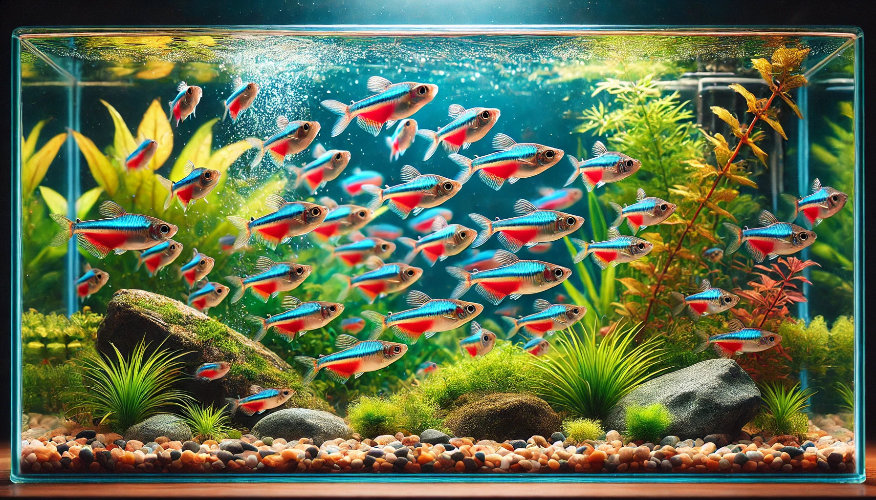 A group of neon tetra fish swimming gracefully in a clear aquarium with aquatic plants and rocks. The image features neon tetras with their bright blue and red stripes, schooling together in a lively and picturesque scene. 