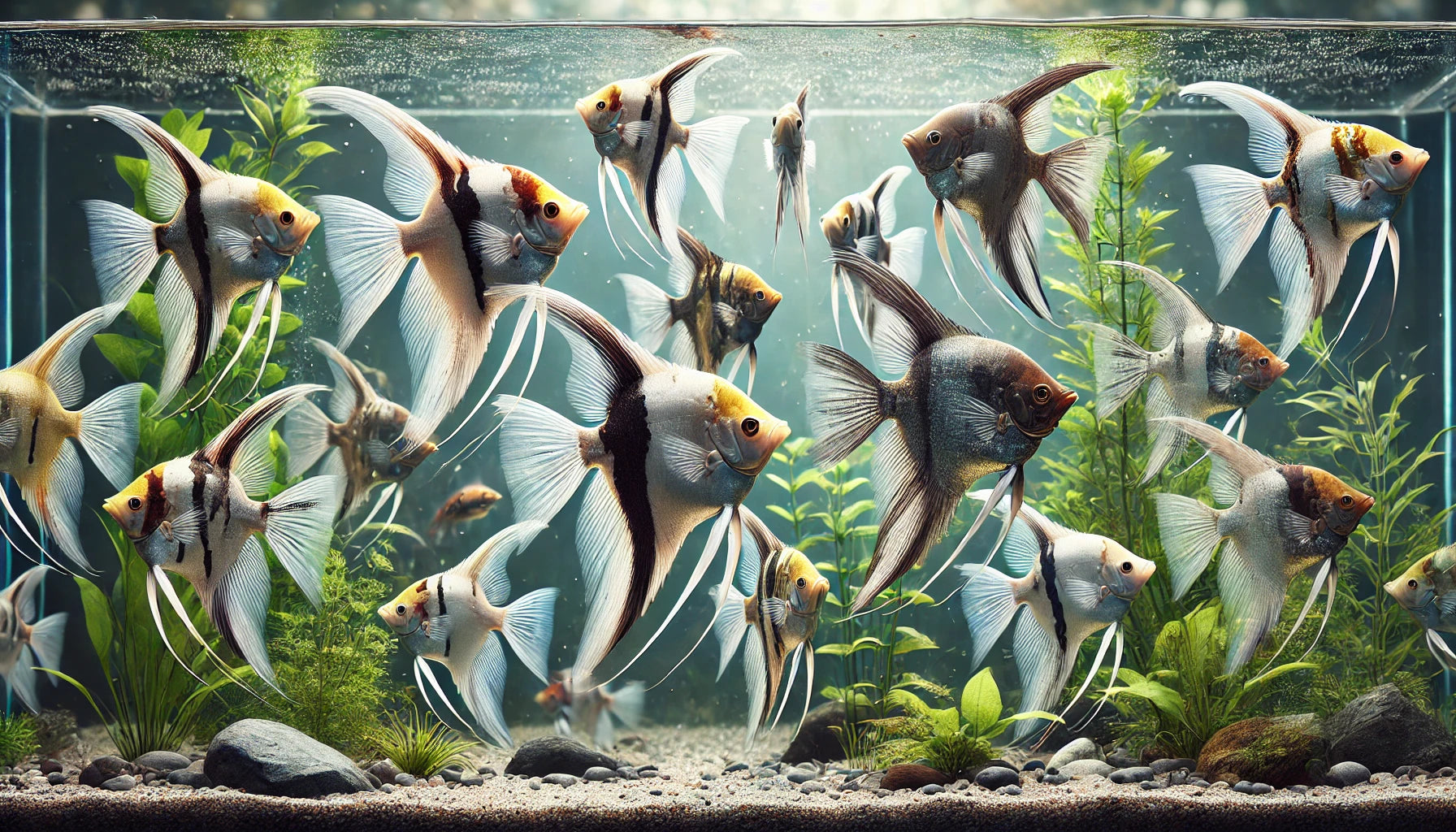 A group of angelfish swimming gracefully in a clear aquarium with aquatic plants and rocks. The image features angelfish with their distinctive triangular shape, long fins, and varied colors and patterns, including silver, black, gold, and blue.