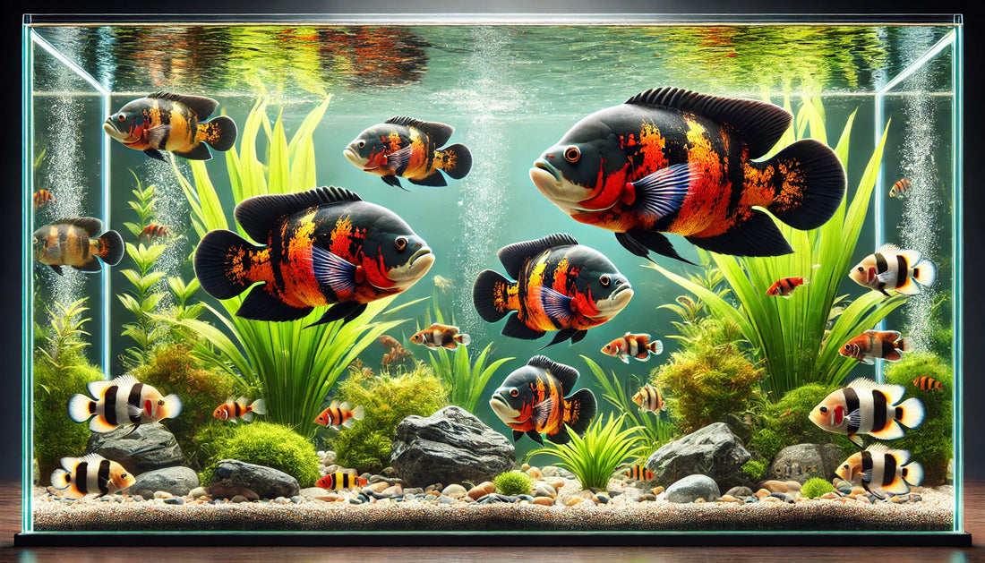 A group of Oscar fish swimming gracefully in a clear aquarium with aquatic plants and rocks. The image features Oscar fish with their large size, striking patterns, and vibrant colors including black, orange, red, and white.