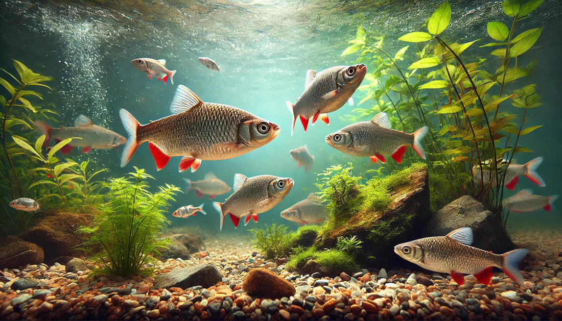 A group of roach fish swimming gracefully in a clear freshwater environment with aquatic plants and rocks. The image features roach fish with their small, silver bodies and distinct red fins.