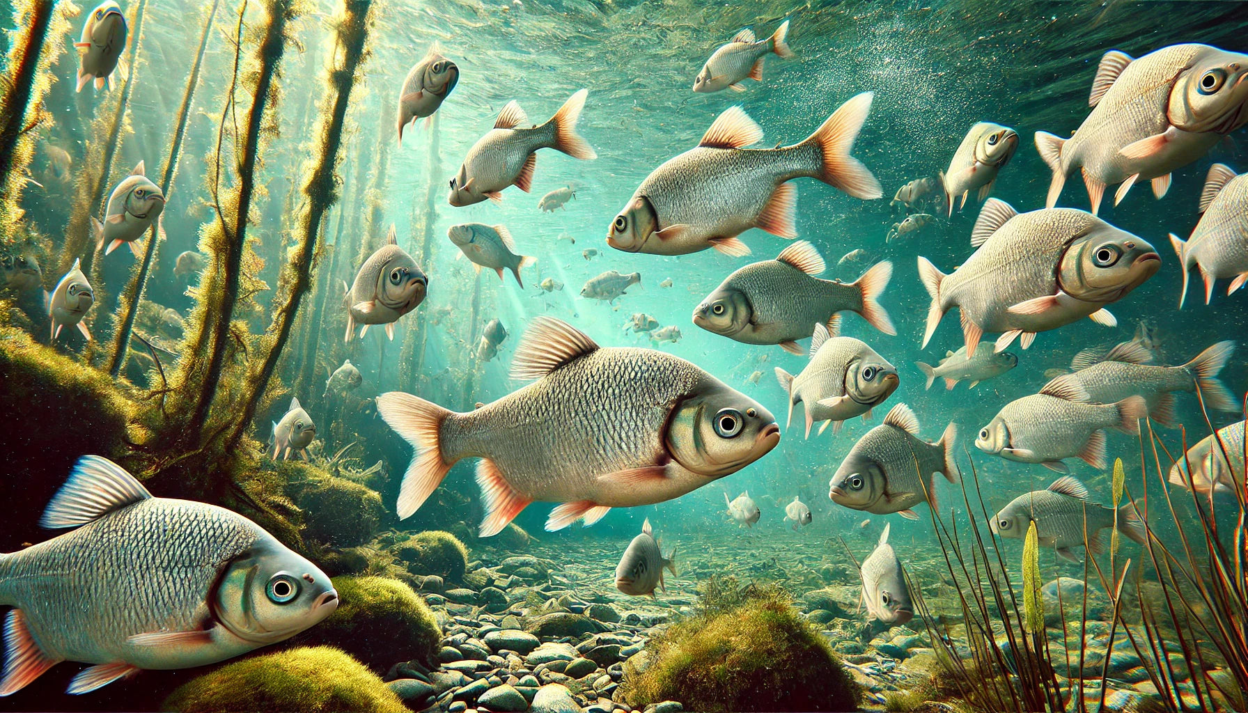 A group of bream fish swimming gracefully in a clear freshwater environment with aquatic plants and rocks. 