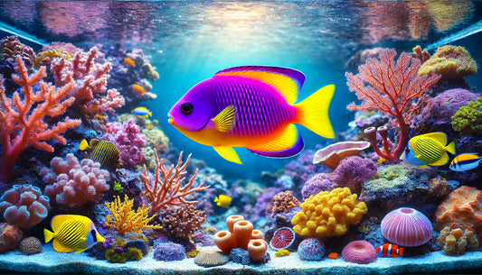 A vibrant Royal Gramma fish swimming gracefully in a clear coral reef environment with colorful corals and aquatic plants. The fish has a purple front fading into a bright yellow tail, showcasing its striking colours. 