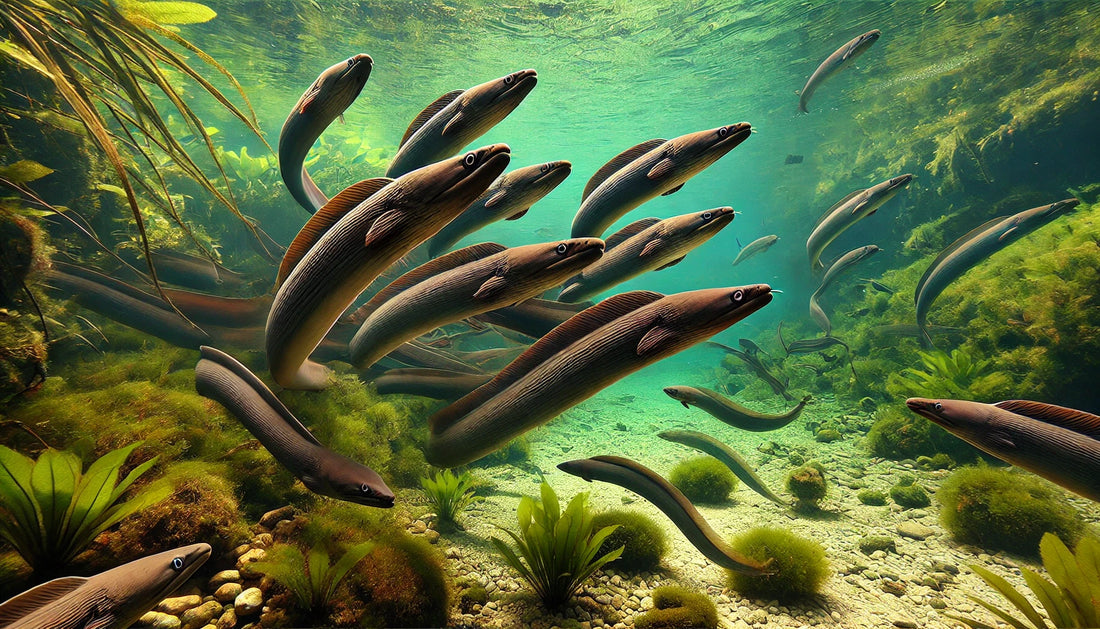 A group of eels swimming gracefully in a clear freshwater environment with aquatic plants and rocks. The eels have long, slippery bodies with dark, olive-green coloration.