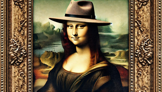 A digital reinterpretation of the Mona Lisa, featuring the iconic portrait with a modern twist. The Mona Lisa is depicted wearing a stylish hat, while maintaining her famous pose and enigmatic smile.
