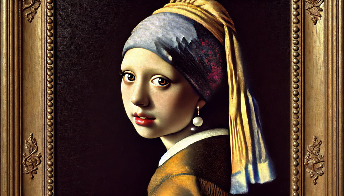 A detailed painting inspired by "Girl with a Pearl Earring" by Johannes Vermeer, featuring a young girl with a captivating gaze and a large pearl earring.