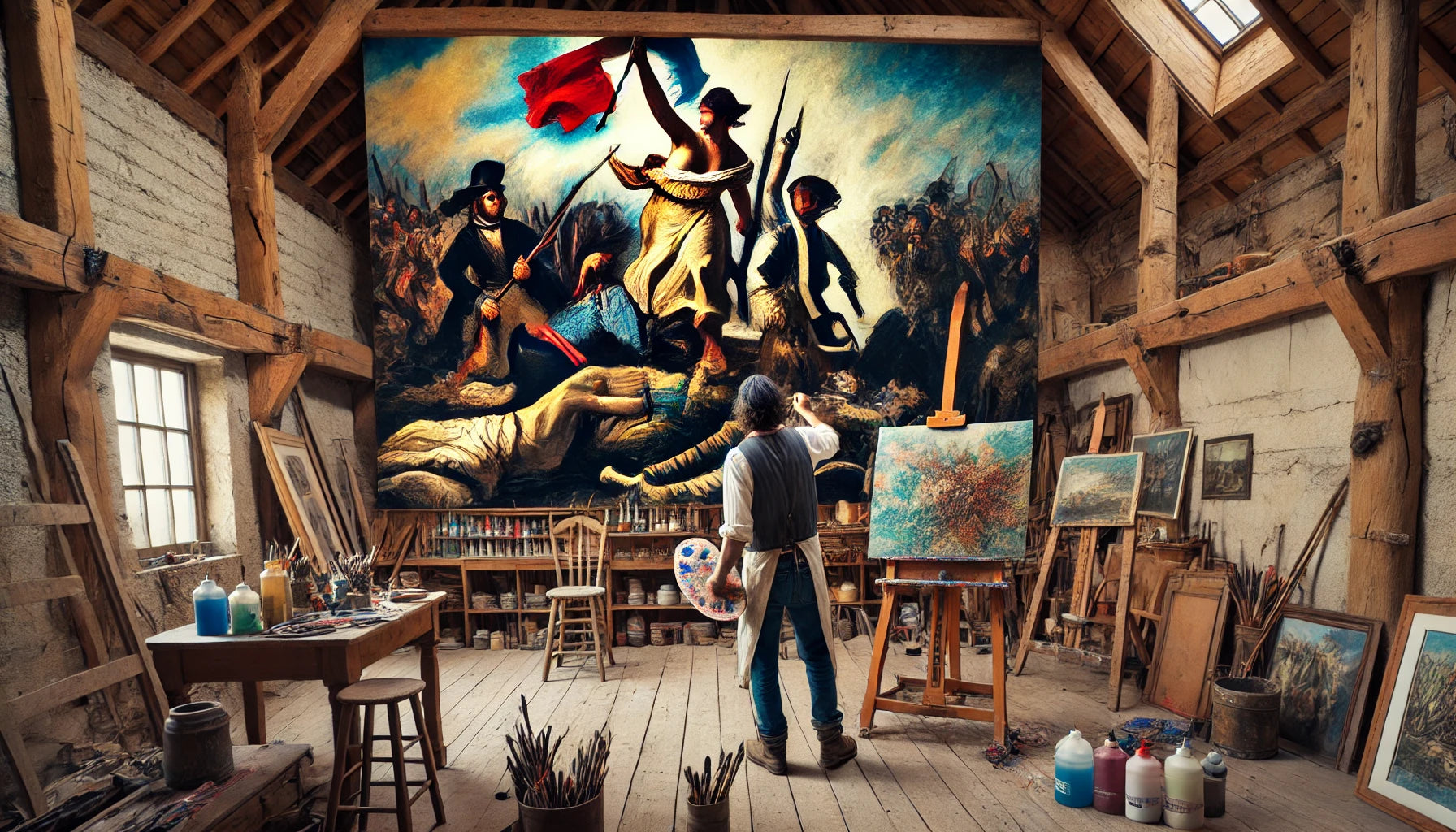 An artist painting a detailed version of Eugène Delacroix’s "Liberty Leading the People" on a large wall inside a rustic barn. 