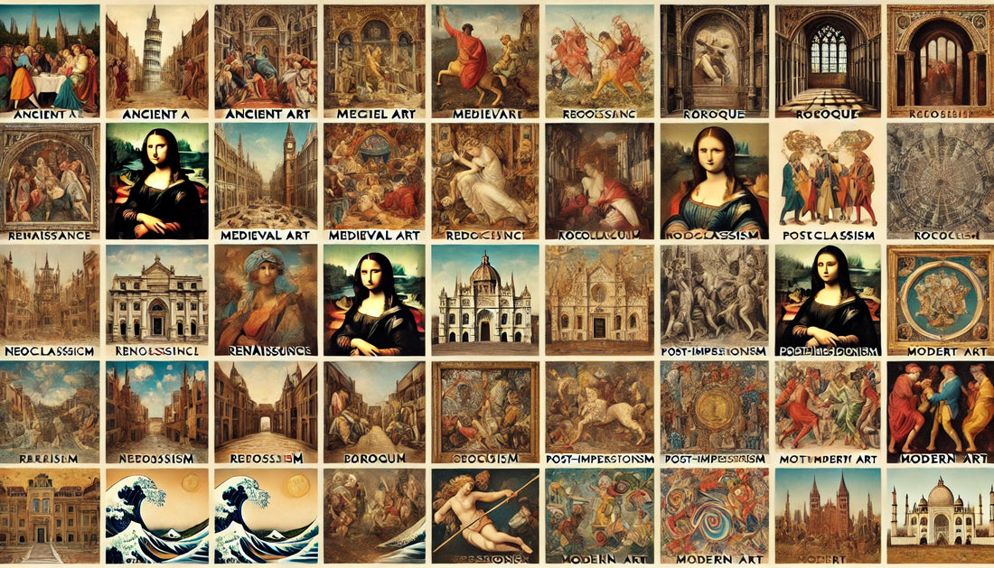 A collage of famous artworks representing different art history movements.