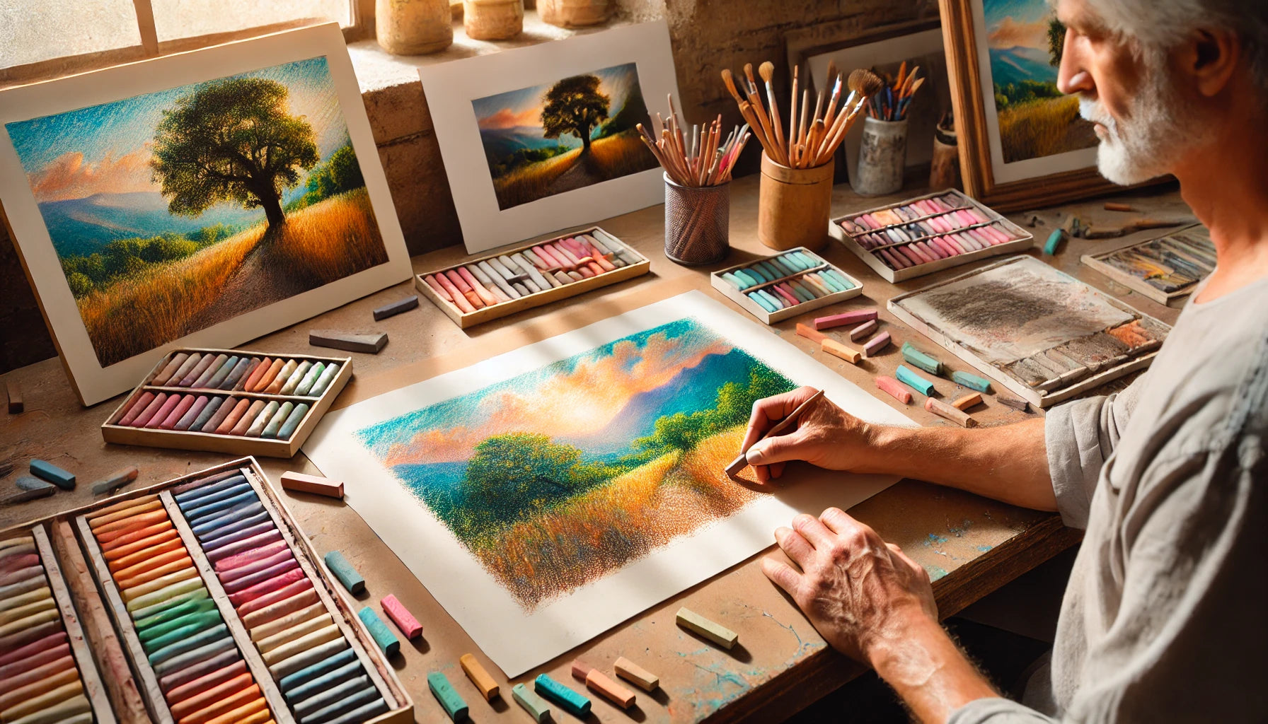 An artist creating a vibrant pastel drawing in a well-lit studio. The artist is working on a detailed landscape,