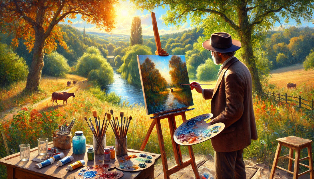 An artist painting an Impressionist landscape outdoors. The artist uses loose brushwork and vibrant colors to capture the natural light and atmosphere. The scene includes a beautiful countryside with trees, a river, and a bright sky.