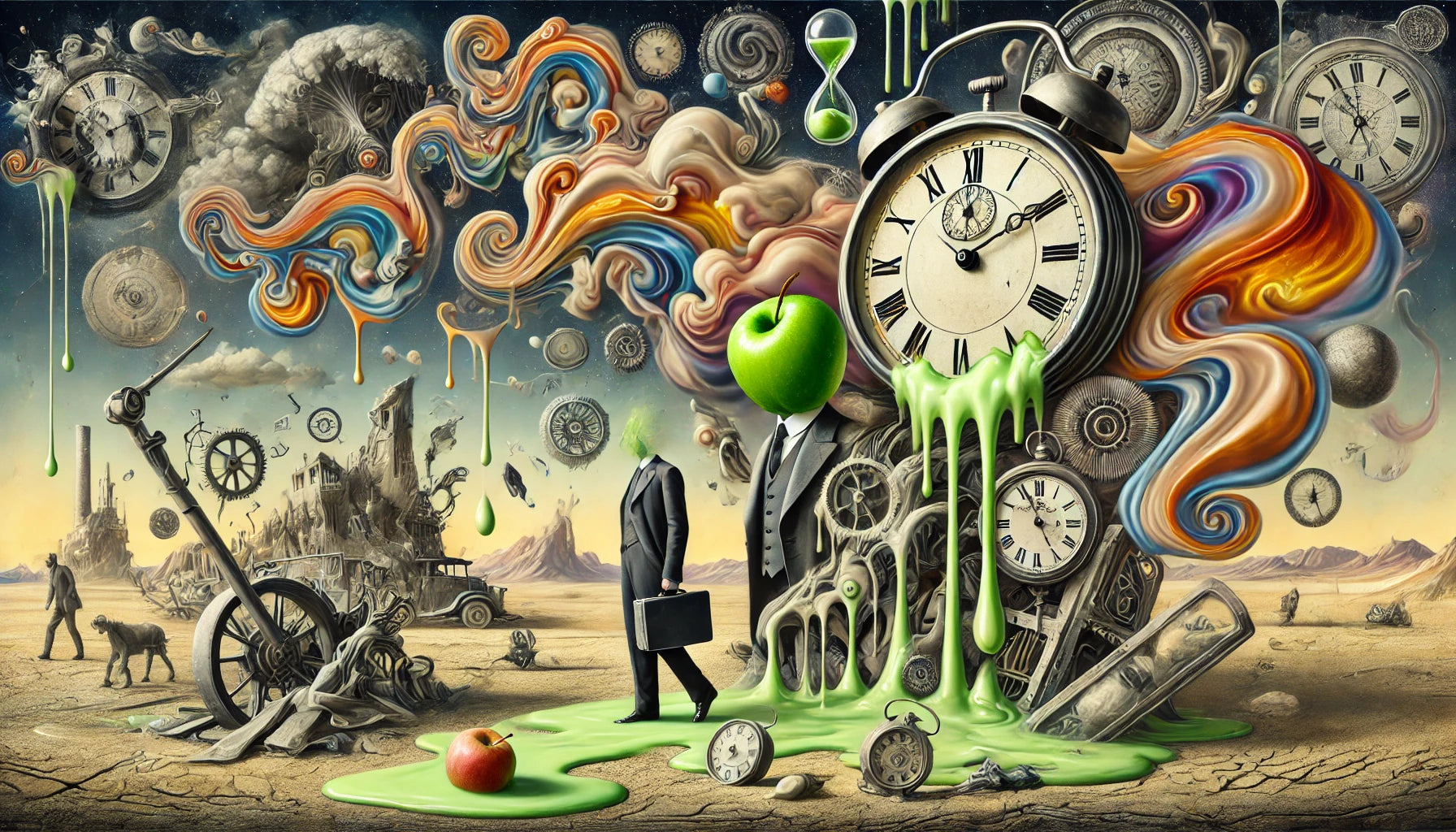 A surrealist artwork featuring dream-like imagery. The scene includes melting clocks draped over barren landscapes, a man in a suit with a green apple obscuring his face, and a mechanical elephant-like creature in a strange, post-apocalyptic setting.