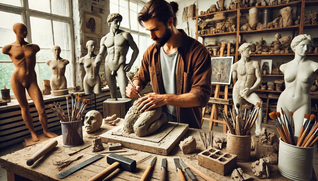 An artist sculpting a figure in a well-lit studio. The artist is working on a clay model, using sculpting tools to add details to the figure. The workspace includes a variety of tools such as chisels, mallets, and wire tools.
