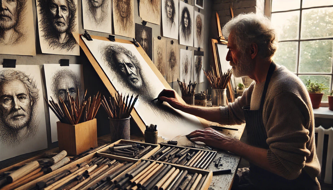An artist creating a charcoal sketch in a well-lit studio. The artist is working on a detailed portrait, using various types of charcoal and blending tools. 