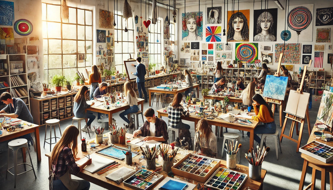 A vibrant art classroom filled with students working on various projects. The classroom has desks and tables covered with drawing supplies, paints, brushes, and sculptures. 