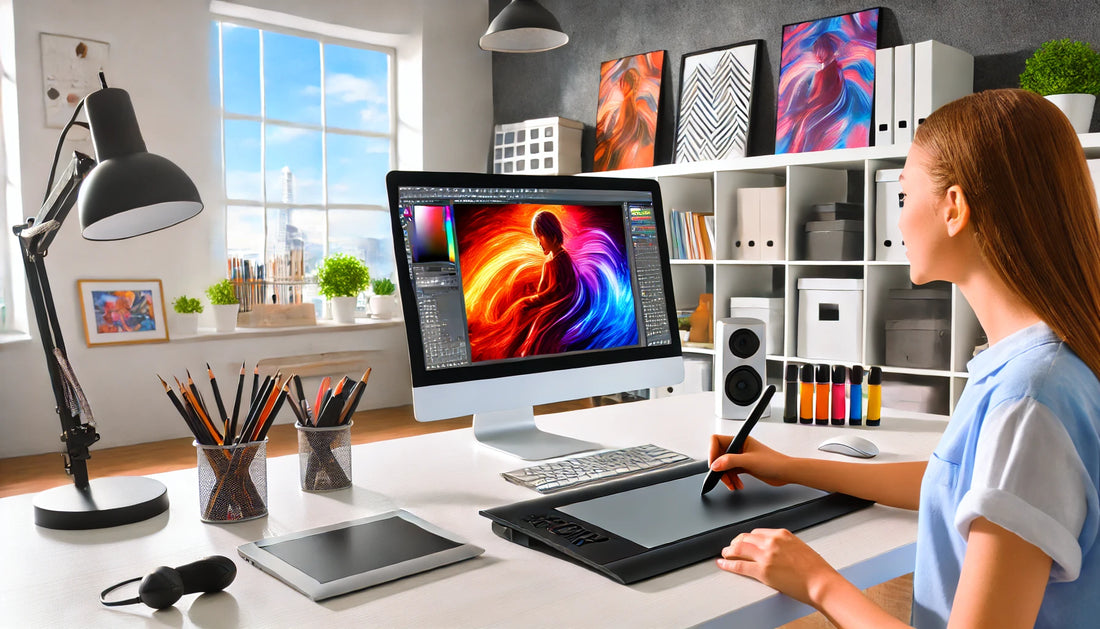 A modern digital art studio with an artist working on a graphics tablet. The studio features a high-resolution monitor displaying a vibrant digital painting.