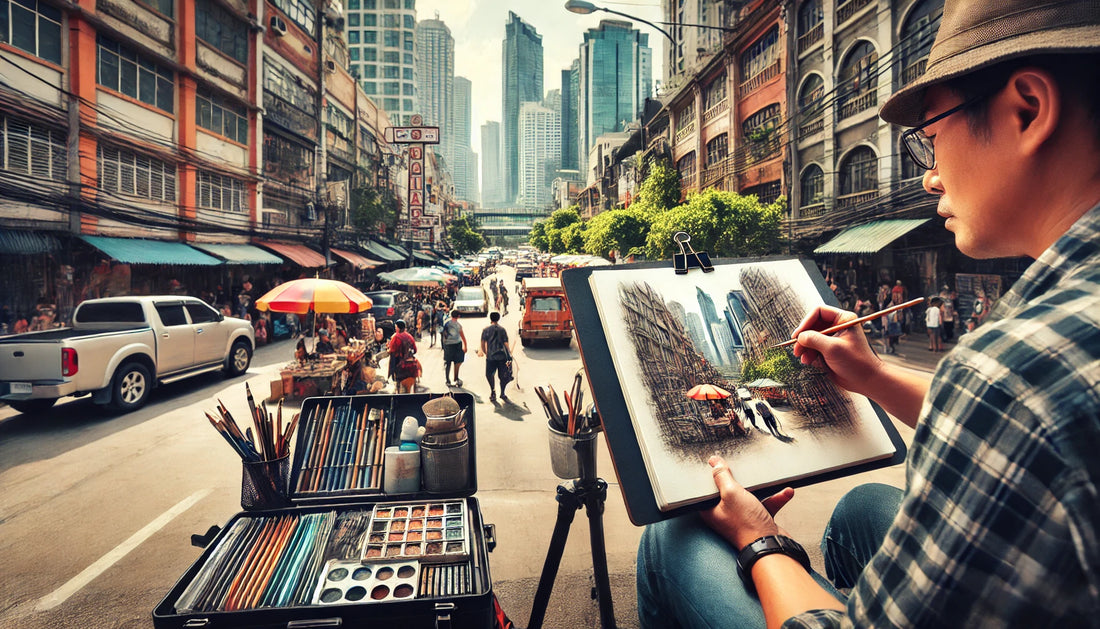 An artist sketching an urban scene on location. The artist is seated on a portable stool, holding a sketchbook and drawing a lively city street. The scene includes tall buildings, street vendors, people walking, and parked cars.