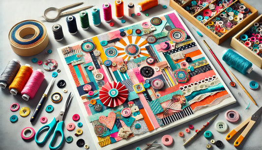A vibrant collage art scene showcasing a mix of materials including paper cutouts, fabric scraps, photographs, buttons, and beads.