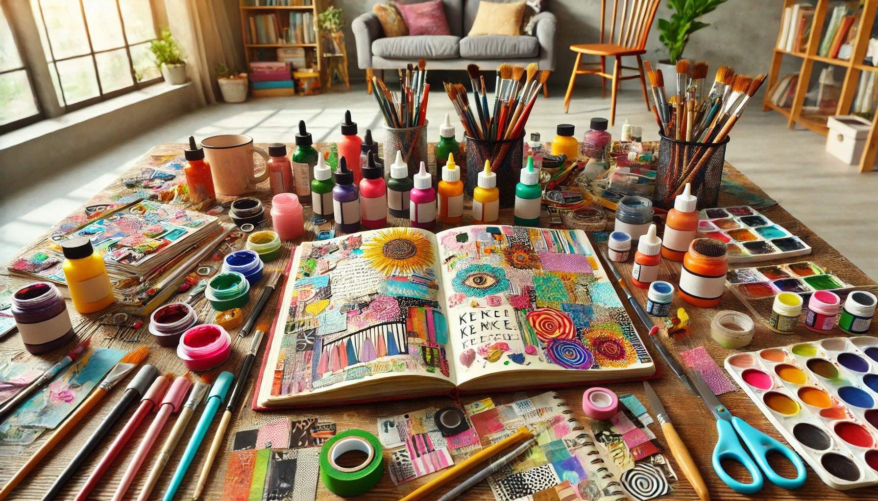 A vibrant art journaling scene with a variety of art supplies on a table. An open journal with colorful, expressive pages featuring drawings, collages, and handwritten notes.
