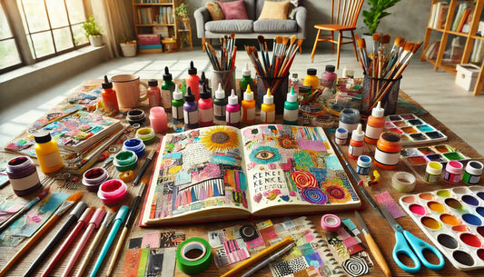 A vibrant art journaling scene with a variety of art supplies on a table. An open journal with colorful, expressive pages featuring drawings, collages, and handwritten notes.