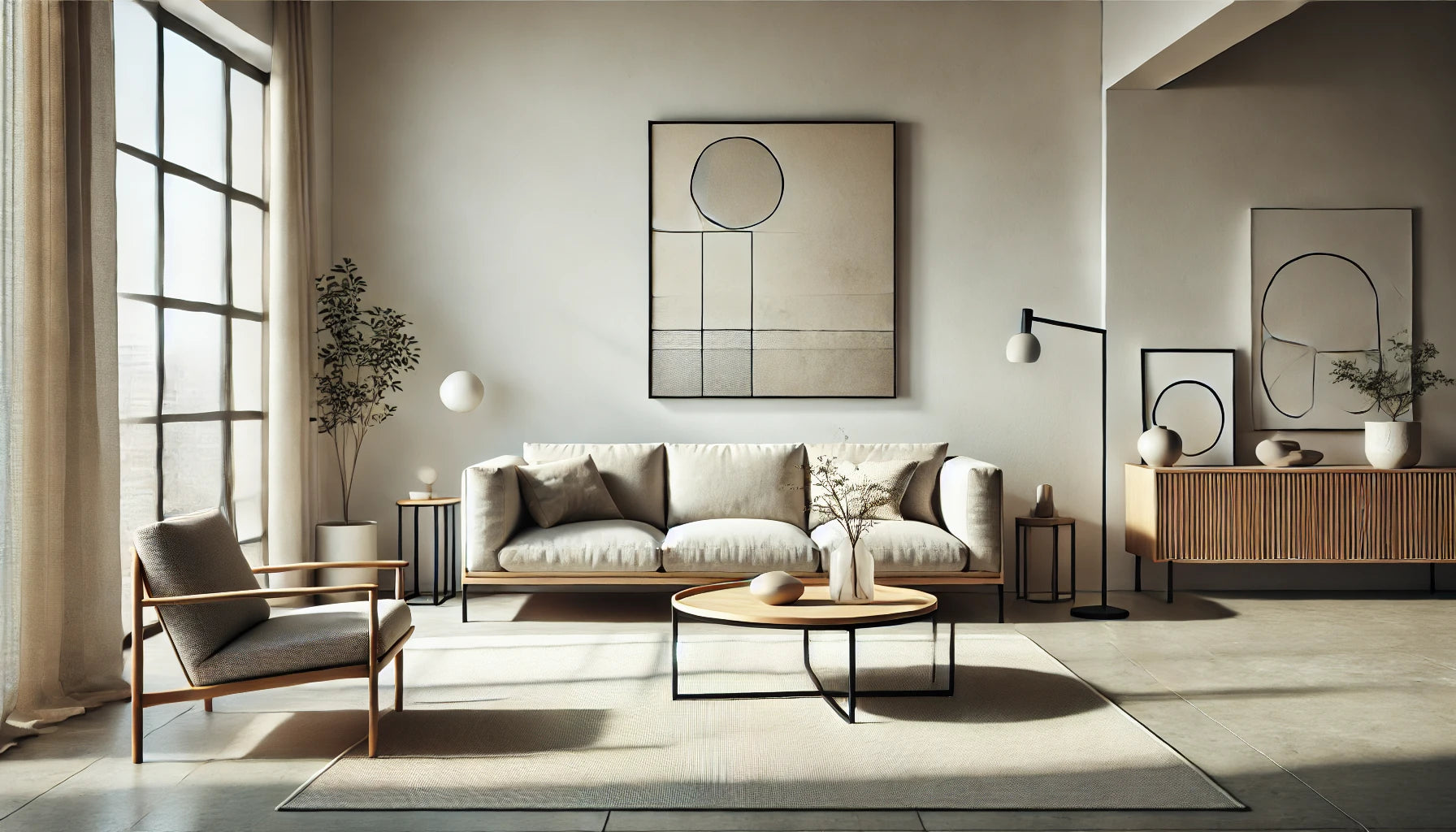 A serene minimalist living room featuring simple, clean-lined furniture and a neutral color palette. The space includes a modern sofa in a soft gray fabric, a sleek wooden coffee table, and a single piece of abstract art on the wall.