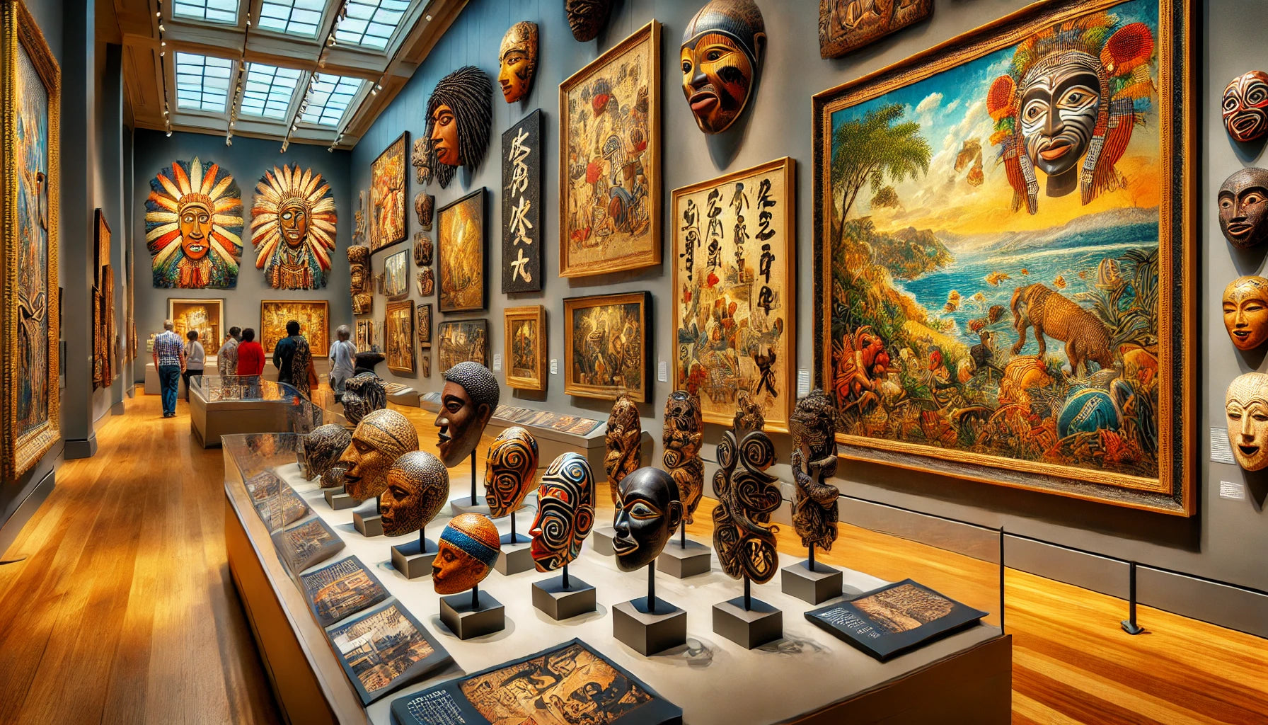 A vibrant scene showcasing various cultural art traditions from around the world. The image features African masks, Native American pottery, Asian calligraphy, European Renaissance paintings, and Oceanic carvings.
