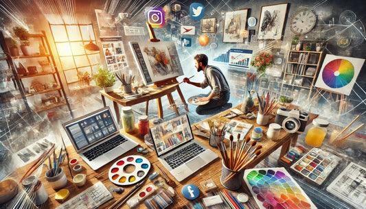 A dynamic scene of an artist's workspace that combines creativity and business. The setting includes a well-organized desk with a computer, art supplies like brushes, paints, and sketchbooks, as well as marketing materials.