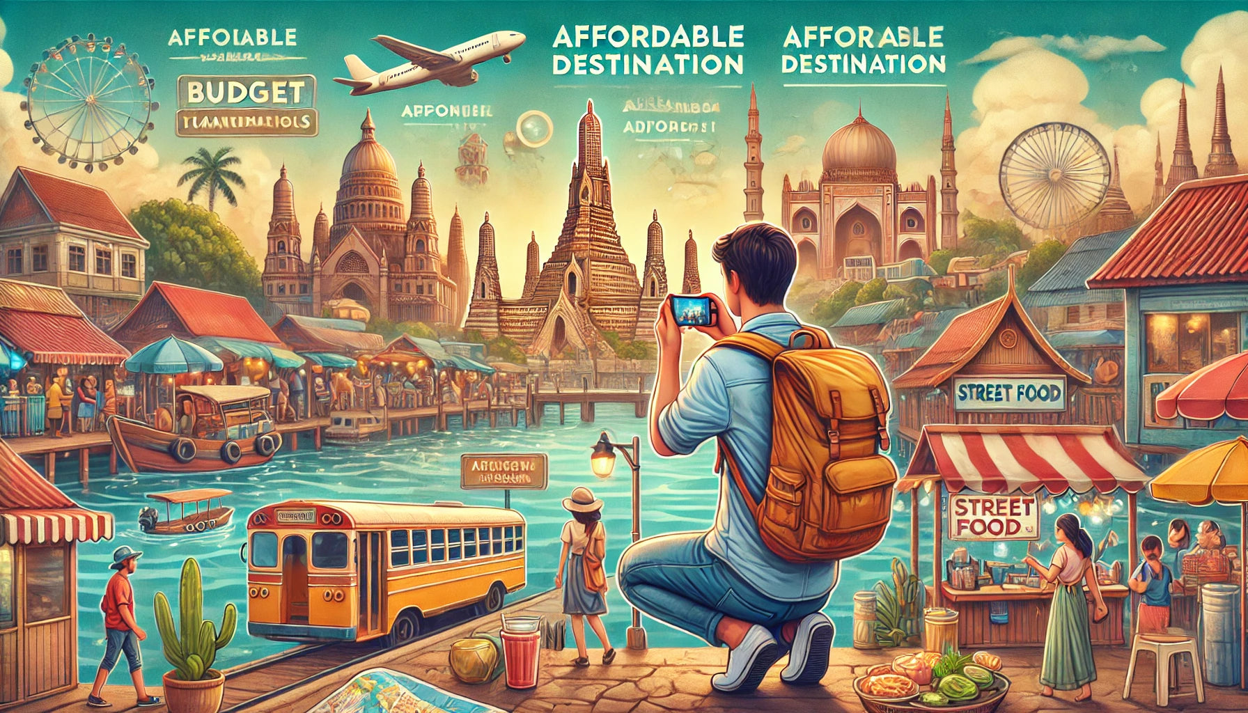 A solo traveler exploring an affordable destination, showcasing a vibrant cityscape with iconic landmarks, bustling street markets, and scenic views. The traveler is seen with a backpack, capturing photos and enjoying the local culture.