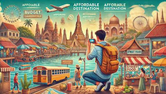 A solo traveler exploring an affordable destination, showcasing a vibrant cityscape with iconic landmarks, bustling street markets, and scenic views. The traveler is seen with a backpack, capturing photos and enjoying the local culture.