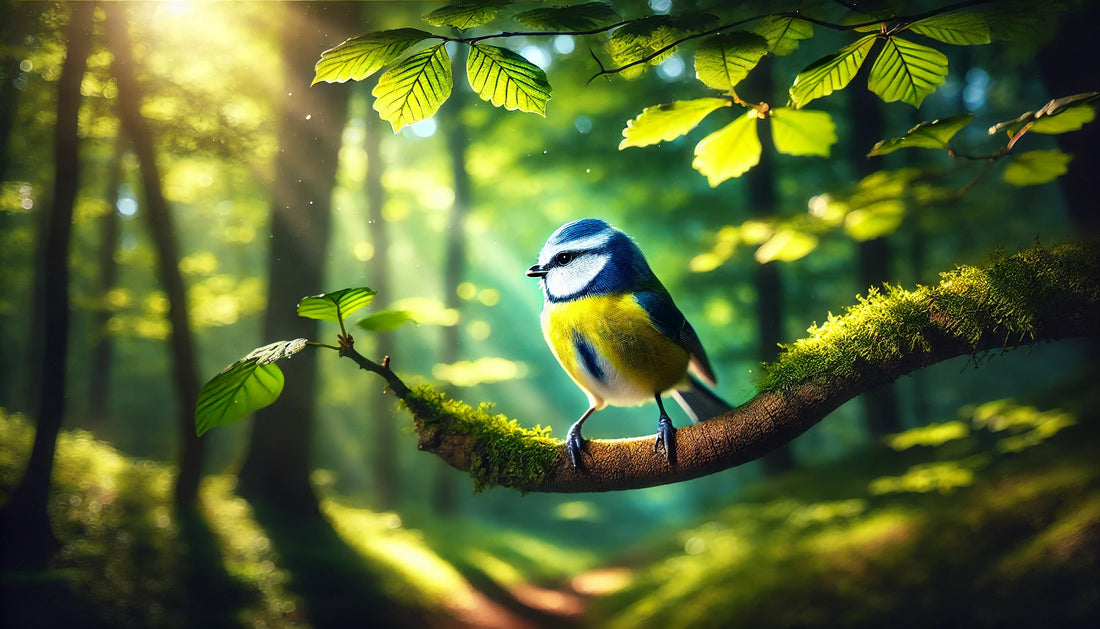 An African Blue Tit perched on a branch in a lush, green woodland. The bird's vibrant blue and yellow plumage is striking against the natural background. 