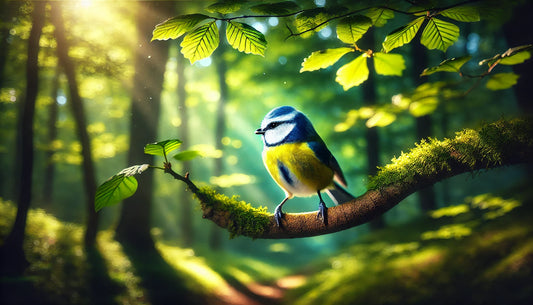 An African Blue Tit perched on a branch in a lush, green woodland. The bird's vibrant blue and yellow plumage is striking against the natural background. 