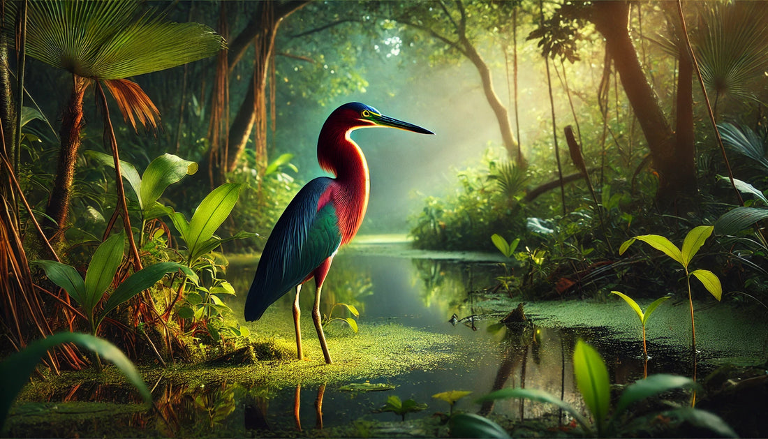 An Agami Heron standing gracefully in a lush wetland environment. The bird's striking plumage, with its rich chestnut body and glossy greenish-blue back, is clearly visible.