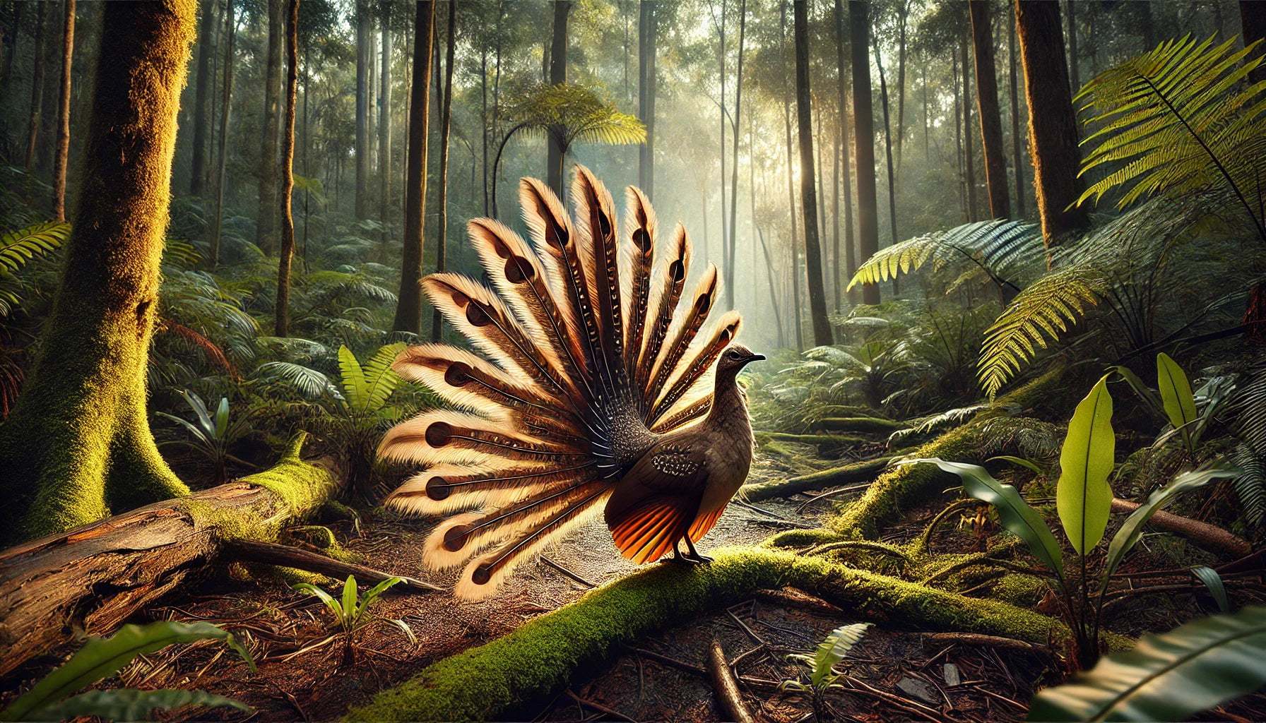 An Albert's Lyrebird in a lush Australian rainforest setting. The bird is standing on the forest floor, displaying its magnificent tail feathers.