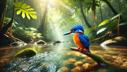 An Azure Kingfisher perched on a branch above a clear freshwater stream. The bird's vibrant blue and orange plumage is clearly visible, with the distinctive white spots on its neck.