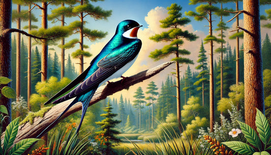 A Bahama Swallow perched on a branch in a vibrant pine forest setting. The bird's iridescent blue-green upperparts and white underbelly are clearly visible.