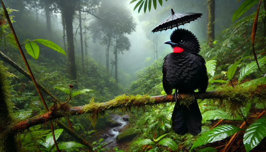 A Bare-necked Umbrellabird perched on a branch in a dense cloud forest. The bird is black with a bright red bare throat patch and an umbrella-like crest on its head. 
