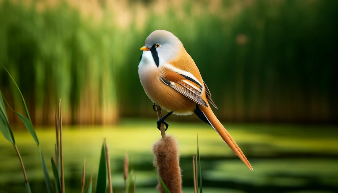 A Bearded Reedling perched on a reed in a lush wetland. The bird has warm brown and grey plumage with a distinctive black 'moustache' on the male.