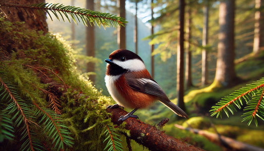 A Chestnut-backed Chickadee in its natural habitat. The bird is small with a chestnut-colored back and sides, a black cap and bib, and white cheeks. 