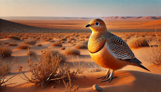 A Chestnut-bellied Sandgrouse in its natural habitat. The bird is medium-sized with a chestnut-colored belly, sandy upperparts, and pale underparts.