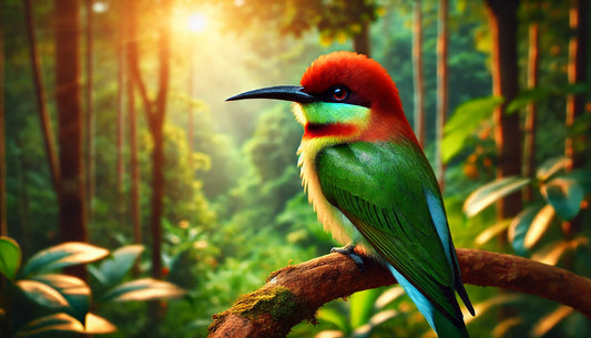 A Chestnut-headed Bee-eater in its natural habitat. The bird is medium-sized with a chestnut-colored head, throat, and upper breast, vivid green wings and back, and a blue lower breast and belly.