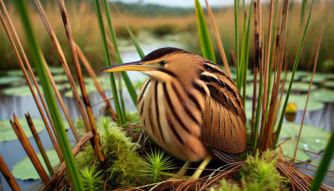 A Cinnamon Bittern in its natural habitat. The bird is small with striking cinnamon-brown plumage, darker streaks on the back and wings, a pale underside with a cinnamon hue, a long sharp bill, and bright yellow eyes.