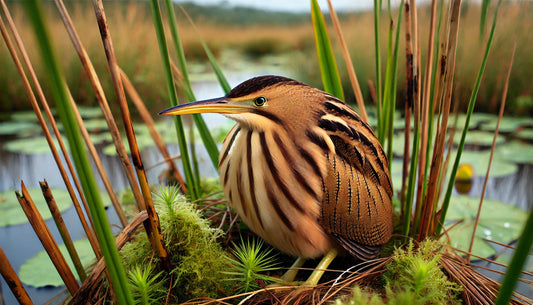 A Cinnamon Bittern in its natural habitat. The bird is small with striking cinnamon-brown plumage, darker streaks on the back and wings, a pale underside with a cinnamon hue, a long sharp bill, and bright yellow eyes.