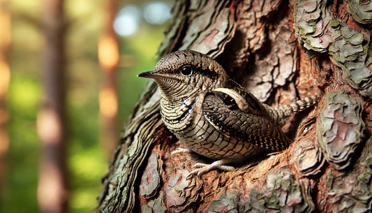 A Eurasian Wryneck in its natural habitat. The bird is small with brown, gray, and black cryptic plumage that provides excellent camouflage against tree bark. It has a short, straight bill and dark eyes.