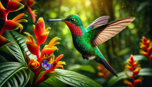 A Fiery-throated Hummingbird in its natural habitat. The bird is small with iridescent green plumage, a fiery orange-red throat, and shimmering blue underparts.