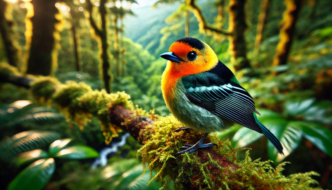 A Flame-faced Tanager in its natural habitat. The bird is small with a bright orange face and throat, a black cap, and a greenish-blue body. 