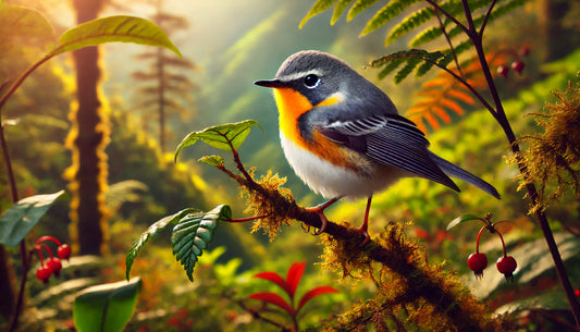 A Flame-throated Warbler in its natural habitat. The bird is small with a bright orange throat and upper chest, gray head, back, and wings, and white underparts.