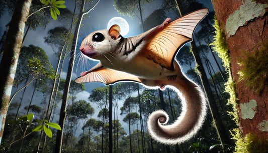 A flying squirrel in its natural habitat. The squirrel is small with soft, gray-brown fur and a lighter underside. It has large, round eyes adapted for night vision and a flattened tail.